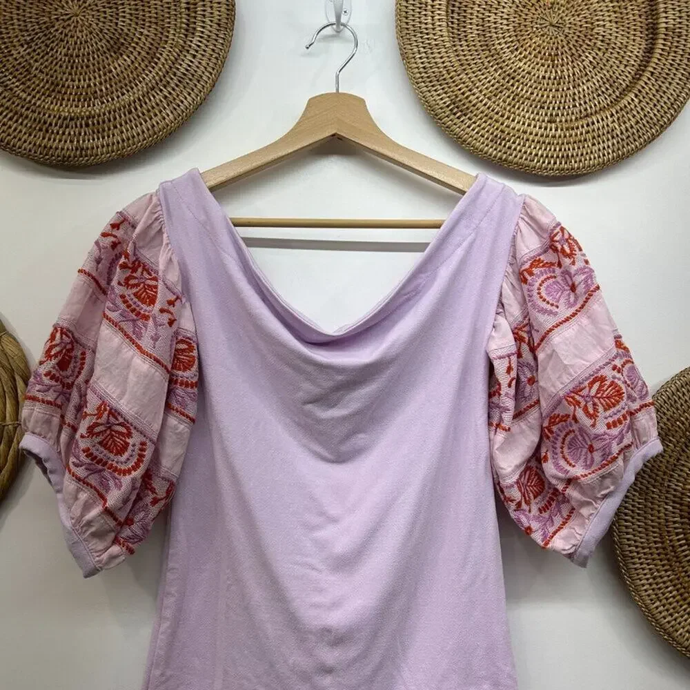 Free People Purple Boho Bohemian Embroidered Short Puff Sleeve Top Small